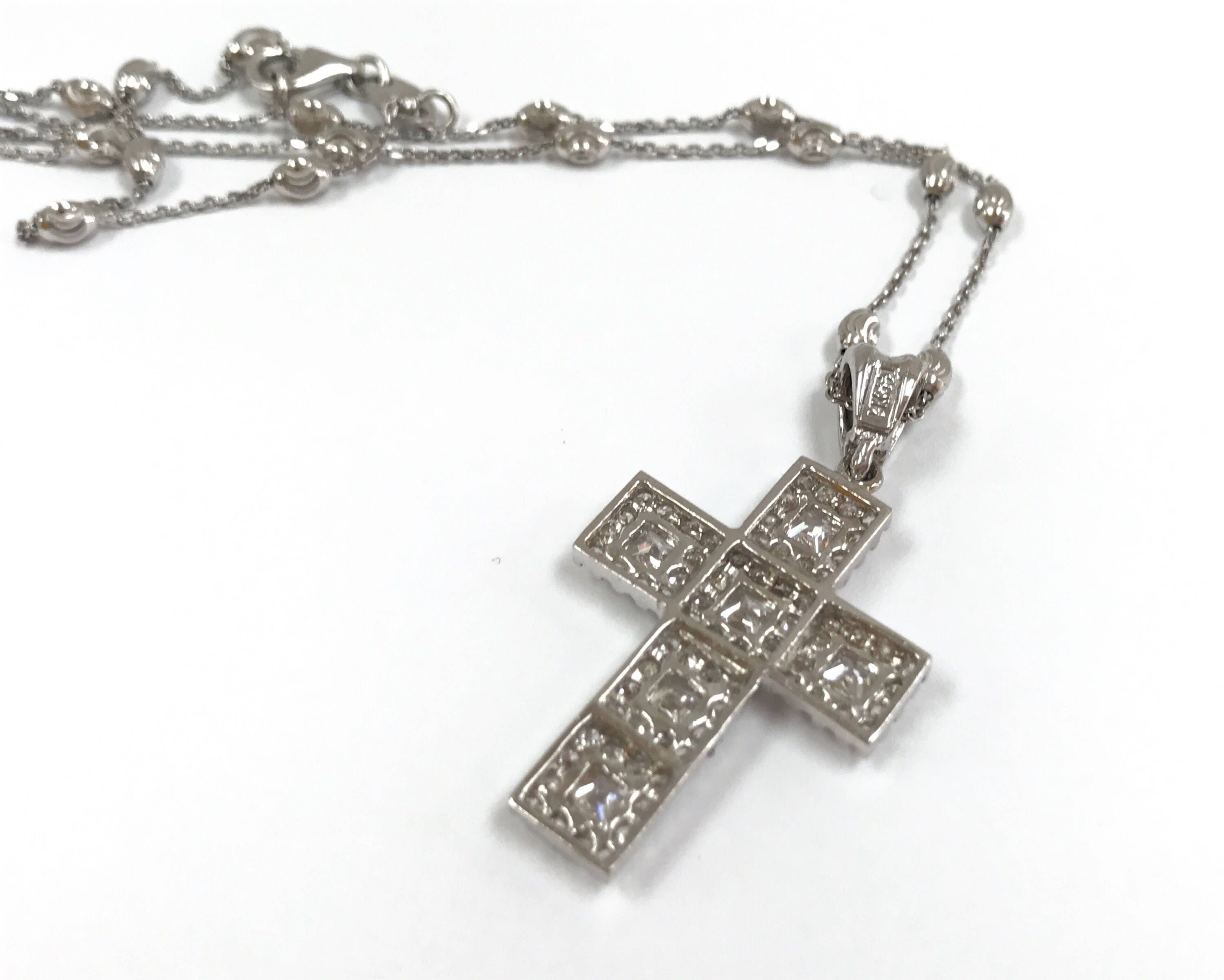 14K White Gold Cross Necklace with Cubic Zirconia