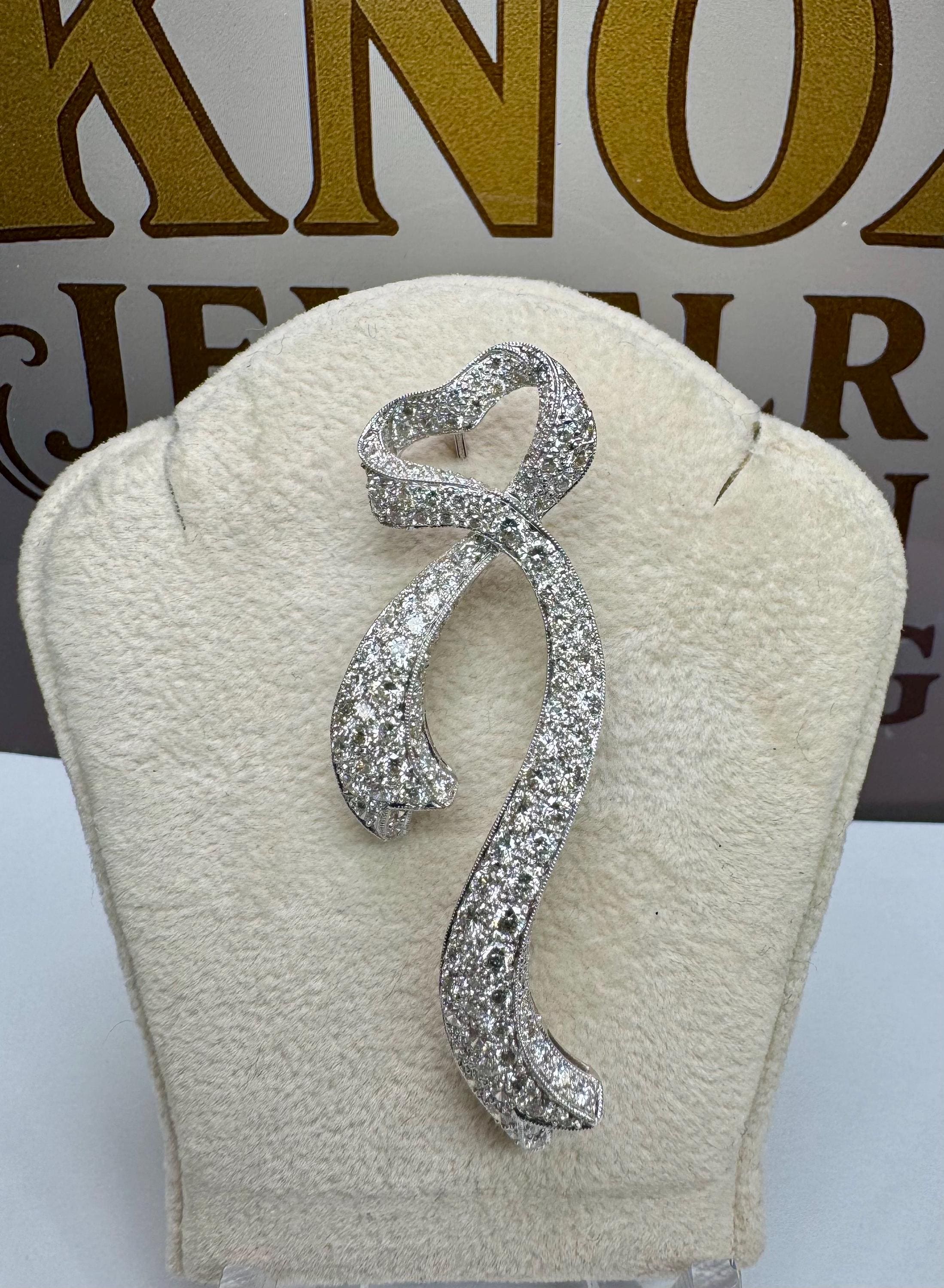 18K White Gold Diamond Brooch: Heart-Ribbon Design ALOPA Luxury Pin