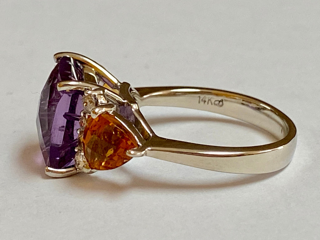 14K White Gold Amethyst Citrine Diamond Ring - Size 7