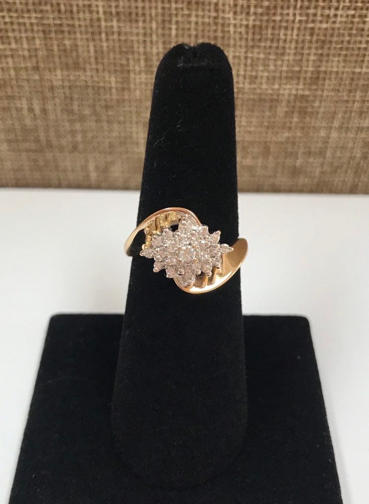 14K Yellow Solid Gold Diamond Cluster Women's Ring!!!