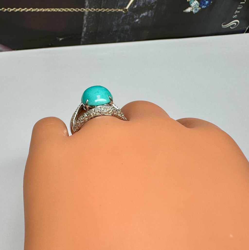 18K White Gold Diamond Ring: Oval Blue Turquoise Cabochon, Size 8 3/4